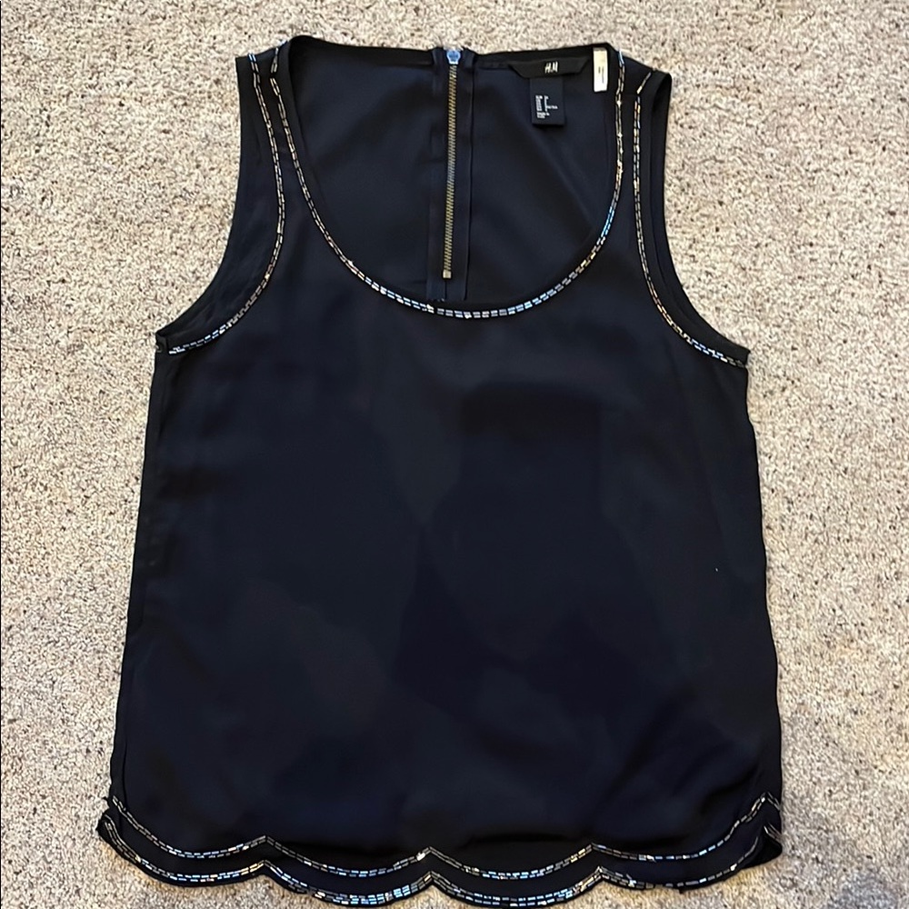 H&M Black Sleeveless Top with Beaded Trim Size 2